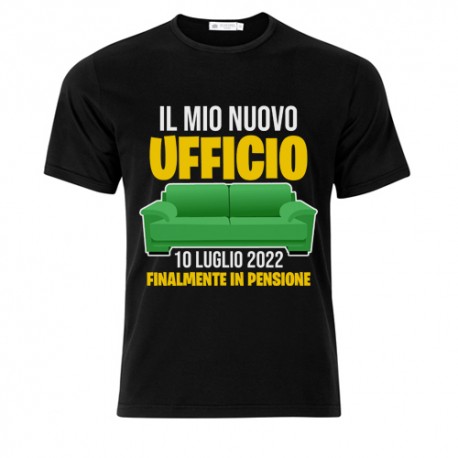 T-shirt maglietta uomo Nuovo ufficio, divano, finalmente in pensione!  Personalizzata con data! Regalo divertente pensionamento!