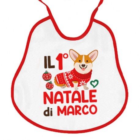 Bavaglino bavetta neonato neonata Primo 1° Natale, personalizzato con nome di bimbo o bimba! Bordo rosso! Cagnolino!