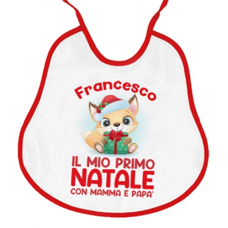 Bavaglino bavetta neonato neonata Primo 1° Natale, personalizzato con nome di bimbo o bimba! Bordo rosso! Volpe carina!