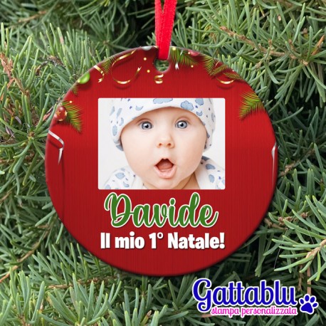  Ornamento rotondo Primo Natale personalizzato con foto e nome di bimbo o bimba! Da appendere all'albero! 