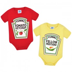 Coppia di body pagliaccetti neonati Ketchup e Mostarda, rosso e giallo, per gemellini!