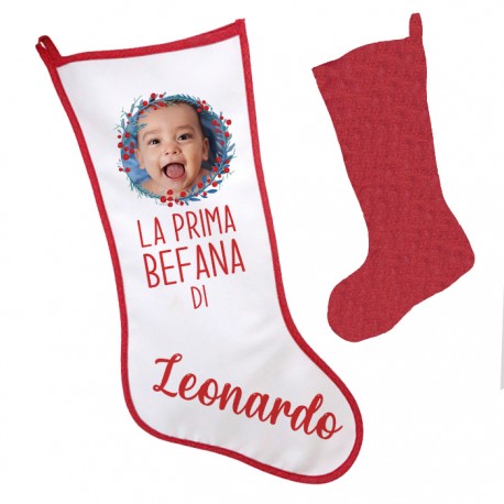 Calza La prima befana, personalizzata con foto e nome di bimbo o bimba! Personalizzabile Epifania! Retro rosso! 