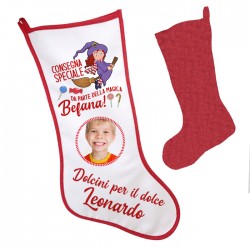 Calza Consegna speciale dalla befana, dolcini per il dolce bimbo, personalizzata con foto e nome del bambino! Retro rosso! 