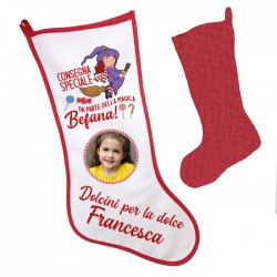 Calza Consegna speciale dalla befana, dolcini per la dolce bimba, personalizzata con foto e nome della bambina! Retro rosso! 