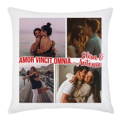 Federa per Cuscino Amor Vincit Omnia, collage romantico, personalizzato con vostri nomi e foto, San Valentino! 