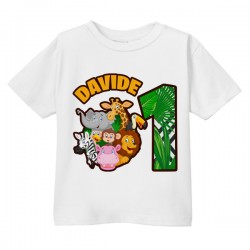 T-shirt bimbo Primo compleanno, numero 1 e animali giungla safari, personalizzata con il nome!