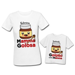 Pacchetto t-Shirt Magliette Donna e Bimbo, Cioccolato, golosa, goloso Come Mamma! Festa della Mamma! Personalizzate con Nomi! 