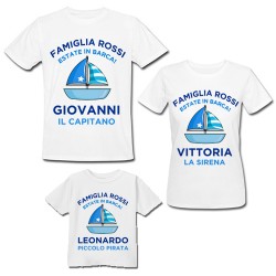 Pacchetto famiglia 3 t-shirt magliette, madre padre e bimbo o bimba, Estate in Barca! Personalizzate con cognome, nomi e ruoli! 