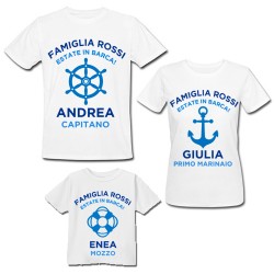 Pacchetto famiglia 3 t-shirt magliette, madre padre e bimbo o bimba, Estate su Barca! Personalizzate con cognome, nomi e ruoli! 