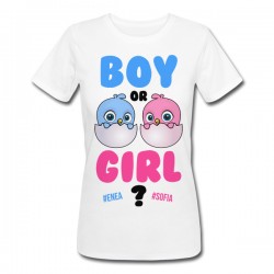 T-Shirt Maglietta Donna Boy or Girl, gender reveal party, personalizzata con possibili nomi di bimbo o bimba!