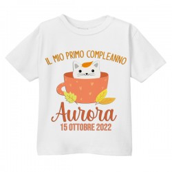 T-Shirt Maglietta Bimbo Bimba Primo Compleanno, Personalizzata con Nome e Data! Gatto Carino in Tazza di tè, Autunno!