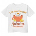 T-Shirt Maglietta Bimbo Bimba Primo Compleanno, Personalizzata con Nome e Data! Gatto Carino in Tazza di tè, Autunno!