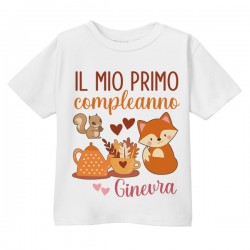 T-Shirt Maglietta Bimbo Bimba Primo Compleanno, Personalizzata con Nome! Volpe e scoiattolo, Autunno!
