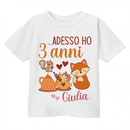 T-Shirt Maglietta Bimbo Bimba Compleanno, Personalizzata con Numero e Nome! Volpe Scoiattolo Autunno!