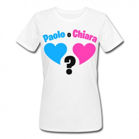 T-Shirt Maglietta Donna Maschio Femmina Boy Girl, gender reveal party, personalizzata con i nomi di bimbo o bimba!