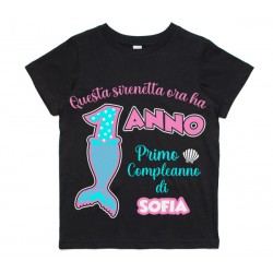 T-Shirt Maglietta Bimba Il Mio Primo Compleanno, nera, coda di sirenetta! Personalizzata con Il Nome! 