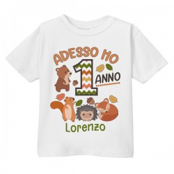 T-Shirt Maglietta Bimbo e Bimba Primo Compleanno, Adesso Ho 1 Anno, Personalizzata con Nome! Animali del Bosco! 1