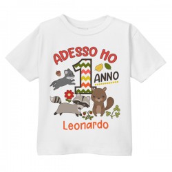 T-Shirt Maglietta Bimbo e Bimba Primo Compleanno, Adesso Ho 1 Anno, Personalizzata con Nome! Animali del Bosco! 2