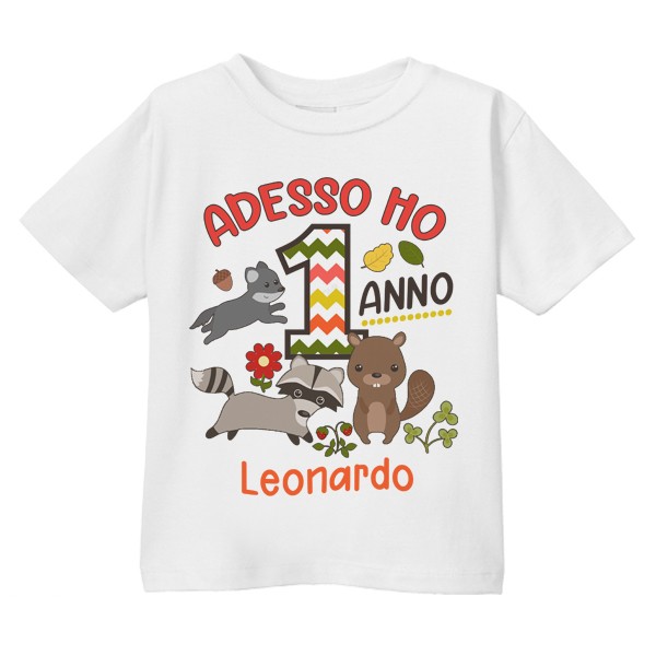 T-Shirt Maglietta Bimbo e Bimba Primo Compleanno, Adesso Ho 1 Anno,  Personalizzata con Nome! Animali del Bosco! 1