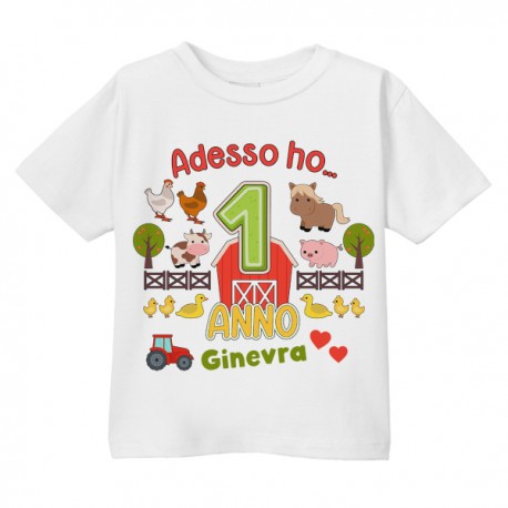 T-Shirt Maglietta Bimbo e Bimba Primo Compleanno, Adesso Ho 1 Anno, Personalizzata con Nome! Animali Fattoria! 1