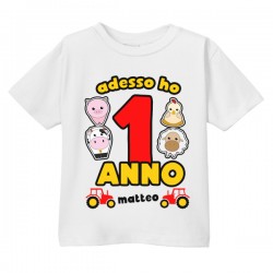 T-Shirt Maglietta Bimbo e Bimba Primo Compleanno, Adesso Ho 1 Anno, Personalizzata con Nome! Animali Fattoria! 2