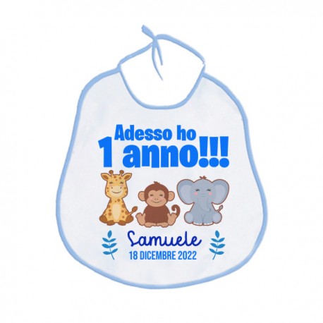 Bavaglino bavetta Adesso ho 1 anno! Personalizzato con nome bimbo e data! Primo Compleanno animali giungla safari! 