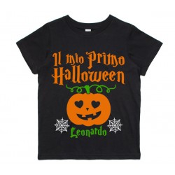 T-Shirt Maglietta Nera Bimbo o Bimba Il Mio Primo Halloween, Zucca e ragnatele Divertenti! Personalizzata con Il Nome! 