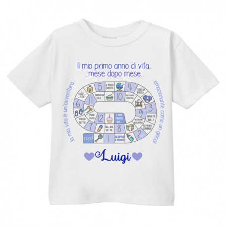 T-Shirt Maglietta Bimbo Il Mio Primo Anno di Vita, Personalizzata con Nome! Gioco tabellone Primi Passi Bebè! Primo Compleanno!