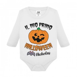 Body bimbo bimba manica lunga Il mio primo Halloween, personalizzato con nome! Zucca divertente e pipistrello carino!