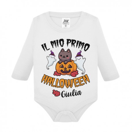 Body bimbo bimba manica lunga Il mio primo Halloween, personalizzato con nome! Zucca, gattino e fantasmini!