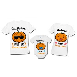 Pacchetto famiglia 2 t-shirt uomo e donna + 1 body bimbo Zucca Family! Halloween, PERSONALIZZATE CON NOMI!