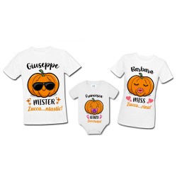 Pacchetto famiglia 2 t-shirt uomo e donna + 1 body bimba Zucca Family! Halloween, PERSONALIZZATE CON NOMI!