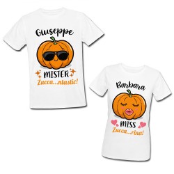 Coppia di t-Shirt Magliette Uomo e Donna Lui e lei Zucca Halloween Personalizzate con Nomi! Zucche Divertenti! 