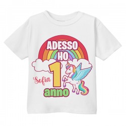 T-Shirt Maglietta Bimbo Bimba Primo Compleanno, adesso ho 1 anno, Personalizzata con Nome! Unicorno Arcobaleno!