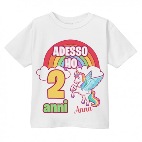 T-Shirt Maglietta Bimbo Bimba Compleanno, Personalizzata con Numero e Nome! Unicorno Arcobaleno!