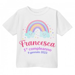 T-Shirt Maglietta Bimbo Bimba Primo Compleanno, personalizzata con Nome e Data! Arcobaleno!