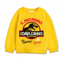 Felpa Bimbo o Bimba Il Mio Primo Compleanno, Personalizzata con Nome! Gialla! Dinosauro Jurassic Party! 