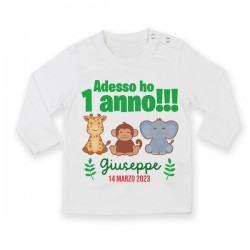  T-shirt maglietta bimbo manica lunga Primo compleanno, adesso ho 1 anno! Giungla Safari! Personalizzata con nome e data!