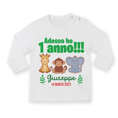  T-shirt maglietta bimbo manica lunga Primo compleanno, adesso ho 1 anno! Giungla Safari! Personalizzata con nome e data!