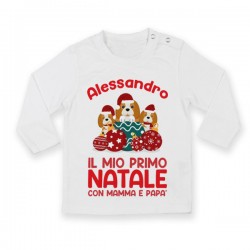 T-shirt maglietta bimbo bimba manica lunga Primo Natale, cagnolini carini! Personalizzata con il nome! 