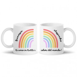 Coppia di tazze mug 11 oz Arcobaleno Ti amo in tutti i colori, personalizzate con nomi! Regalo San Valentino! 