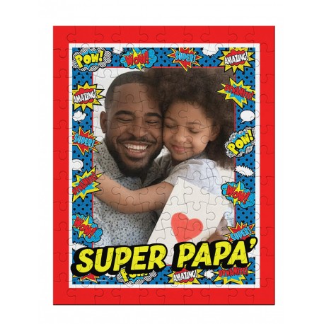 Puzzle personalizzato con la tua foto nella cornice! Super papà! Idea regalo festa del papà, 96 pezzi in cartone!