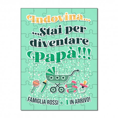 Puzzle per annuncio gravidanza sorpresa! Stai per diventare papà!  Personalizzato con nome famiglia! 48 pezzi hdf effetto legno