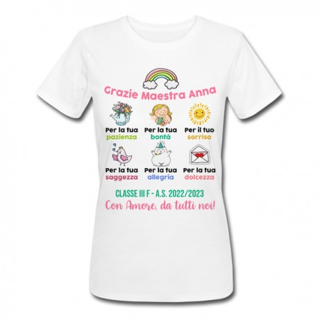 T-Shirt Maglietta donna Grazie maestra, personalizzata con nome, classe, anno scolastico! Idea regalo insegnante scuola! 