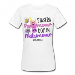 T-Shirt Maglietta donna PROMO Stasera Pandemonio Domani Matrimonio Addio nubilato, personalizzata con hashtag! 