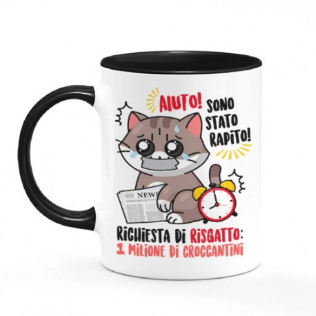  Tazza mug color nera 11 oz Gatto divertente rapito, richiesta di risgatto un milione di croccantini! 