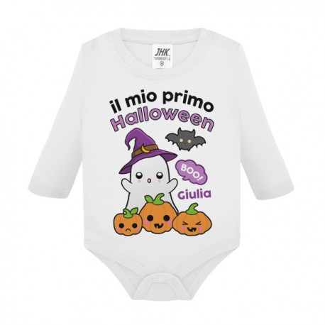 Body bimbo bimba manica lunga Il mio Primo Halloween, fantasma e zucca! Personalizzato con nome!