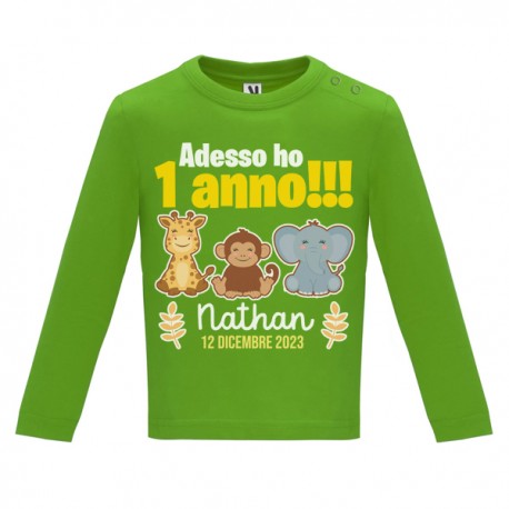  T-shirt maglietta bimbo manica lunga Primo compleanno, adesso ho 1 anno! Giungla Safari! Personalizzata con nome e data! Verde!