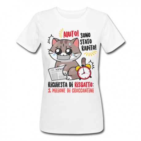 T-Shirt Maglietta Donna Gatto divertente rapito, richiesta di risgatto un milione di croccantini! 