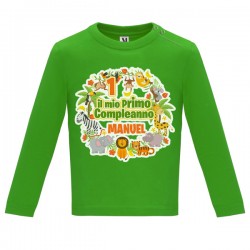 T-shirt maglietta bimbo manica lunga Primo compleanno! Animaletti Giungla Safari! Personalizzata con nome! Verde!